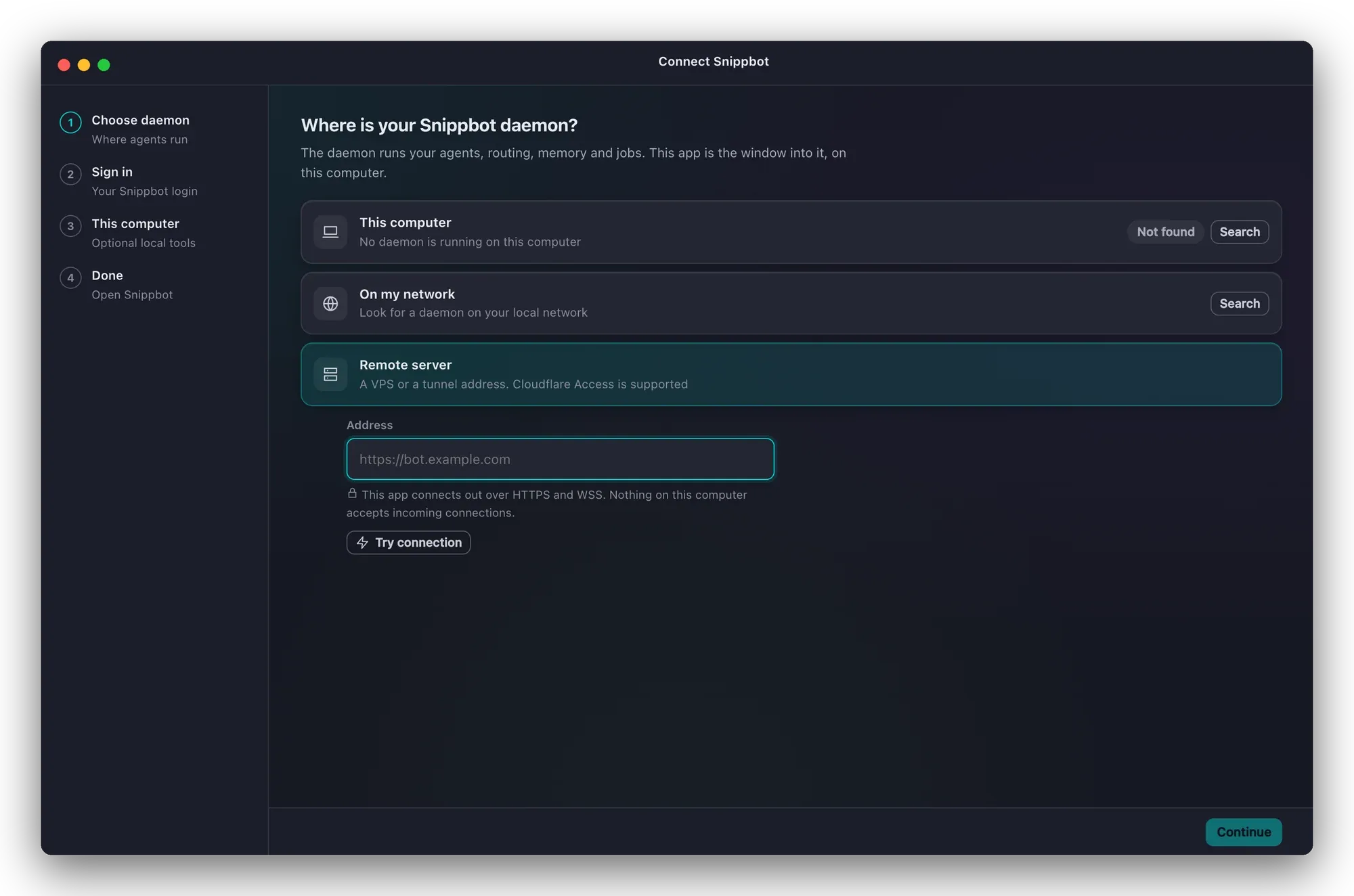 The Connect Snippbot setup screen: choose This computer, On my network or Remote server