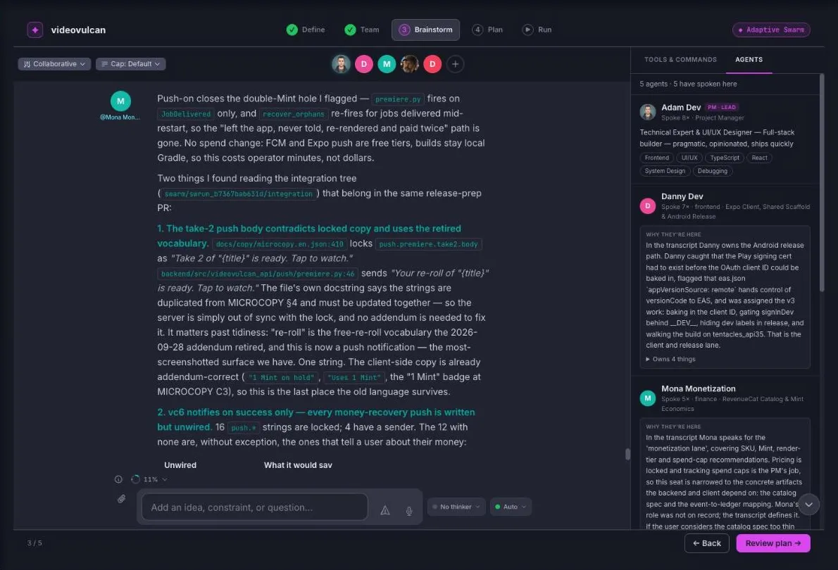Adaptive Swarm — Brainstorm: A real round-table with the seated team. Paste screenshots and attach files. The Agents pane shows who is here, why the PM seated them, and what they own.