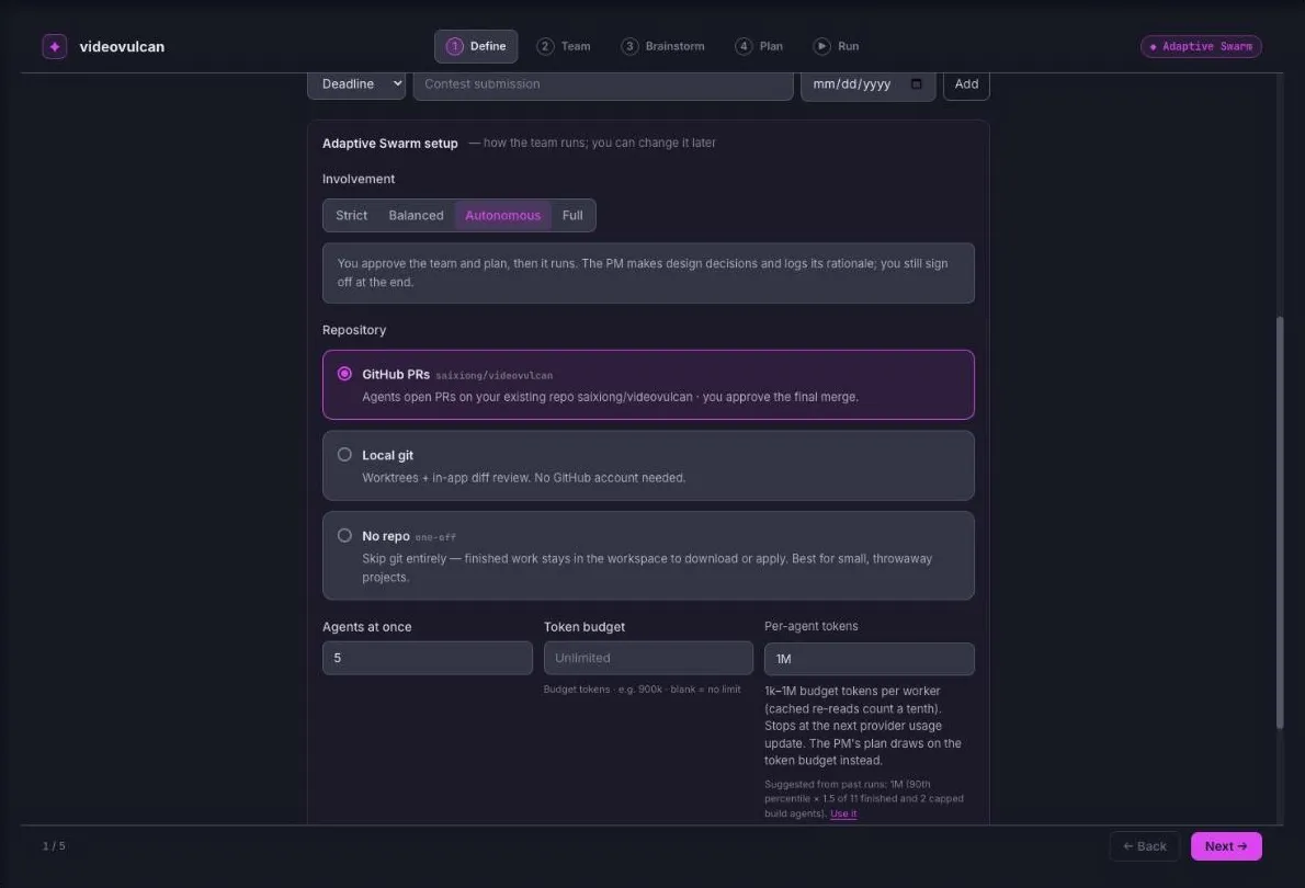 Adaptive Swarm — Define: State the goal, add deadlines and milestones, set the Involvement dial, and pick where the work lands: a new GitHub repo, your existing one, local git, or no repo at all.
