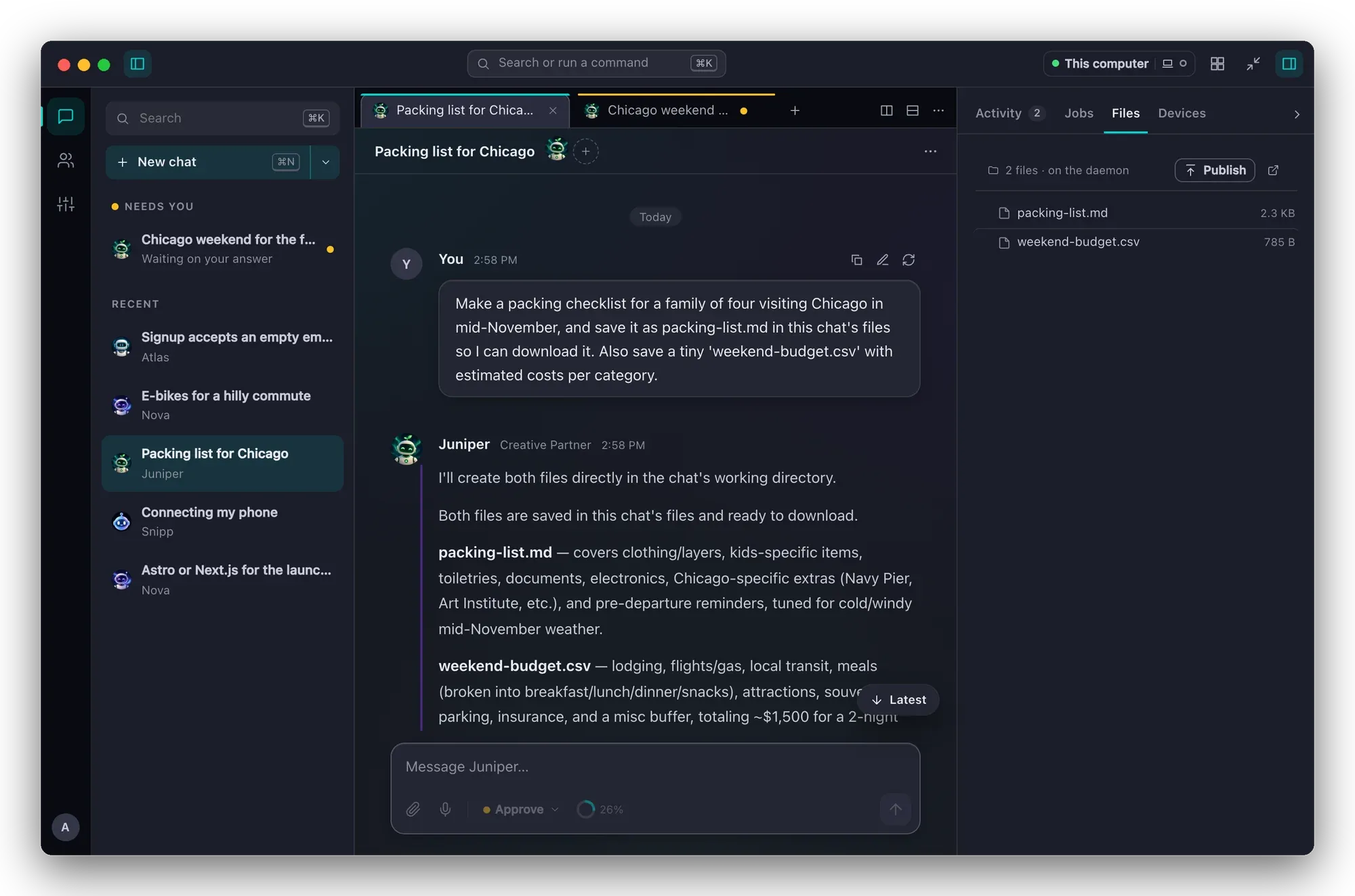 A Markdown packing list previewed over the chat, with Preview and Source tabs
