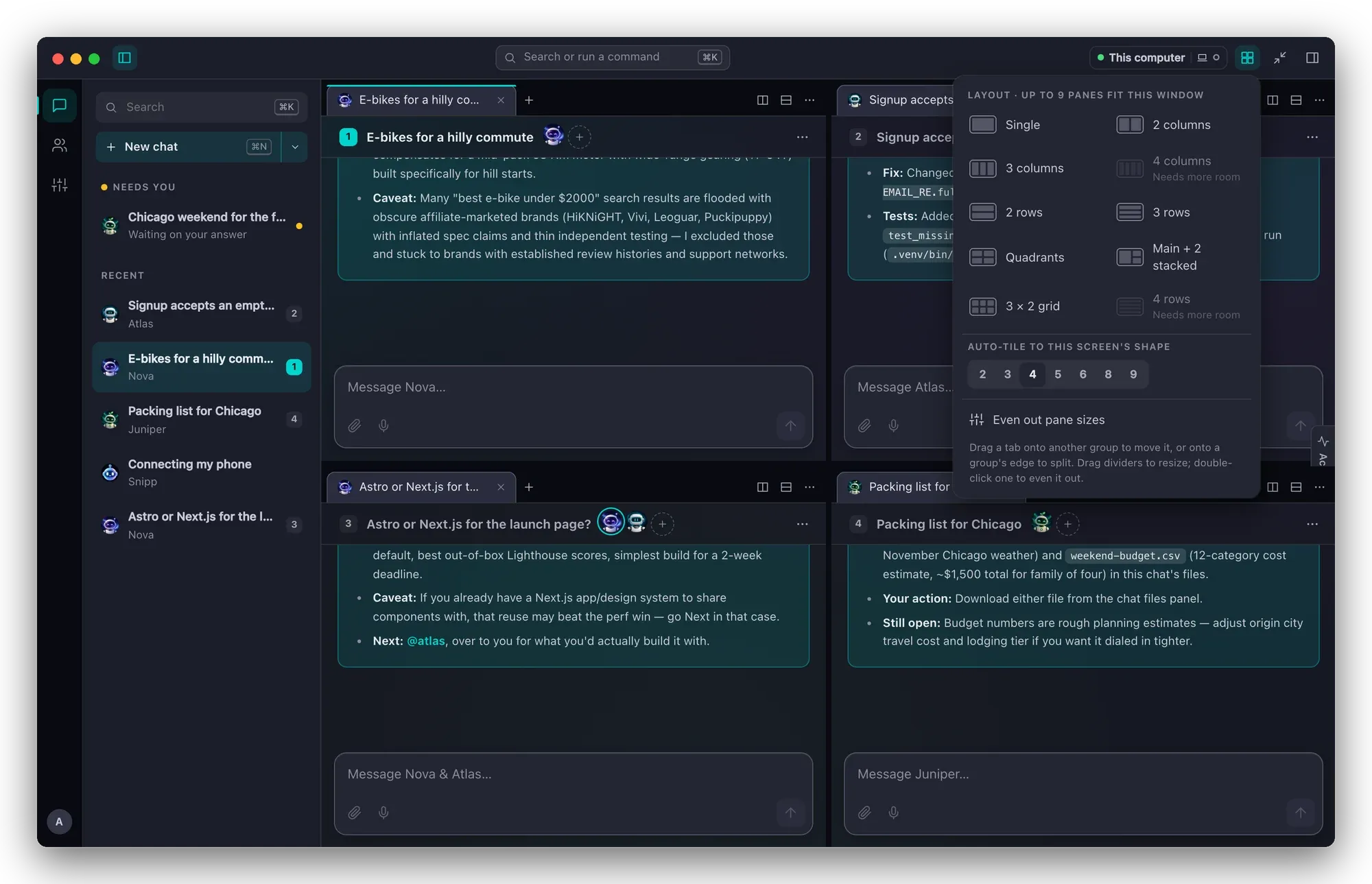 The Layout menu open over four tiled chats, with presets from Single to 3 × 2 grid