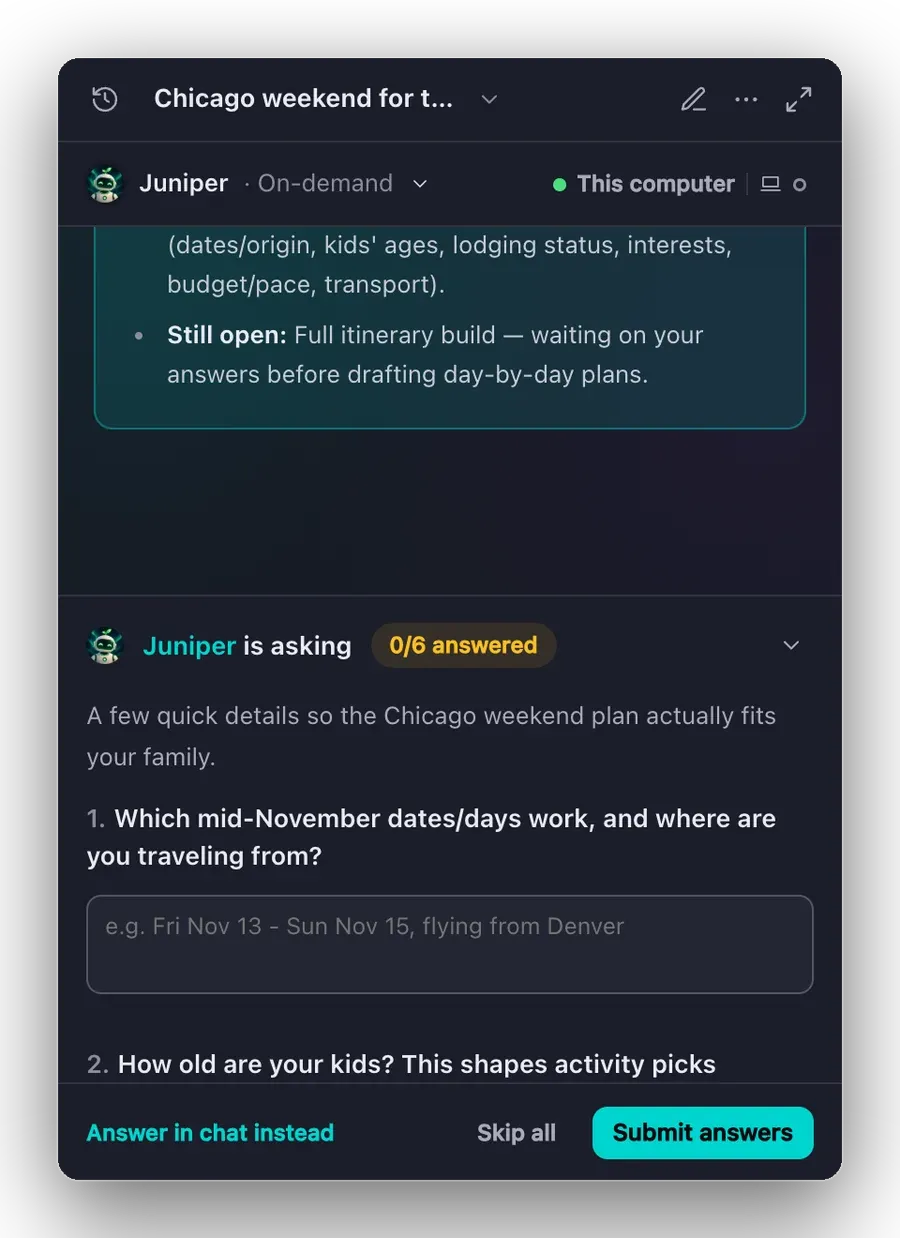 Quick Chat with Juniper asking a question form