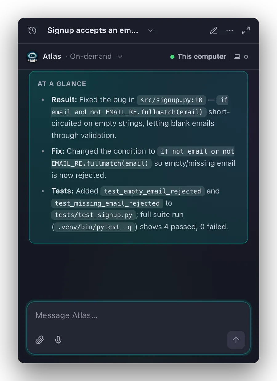 Quick Chat window showing Atlas's At a glance summary