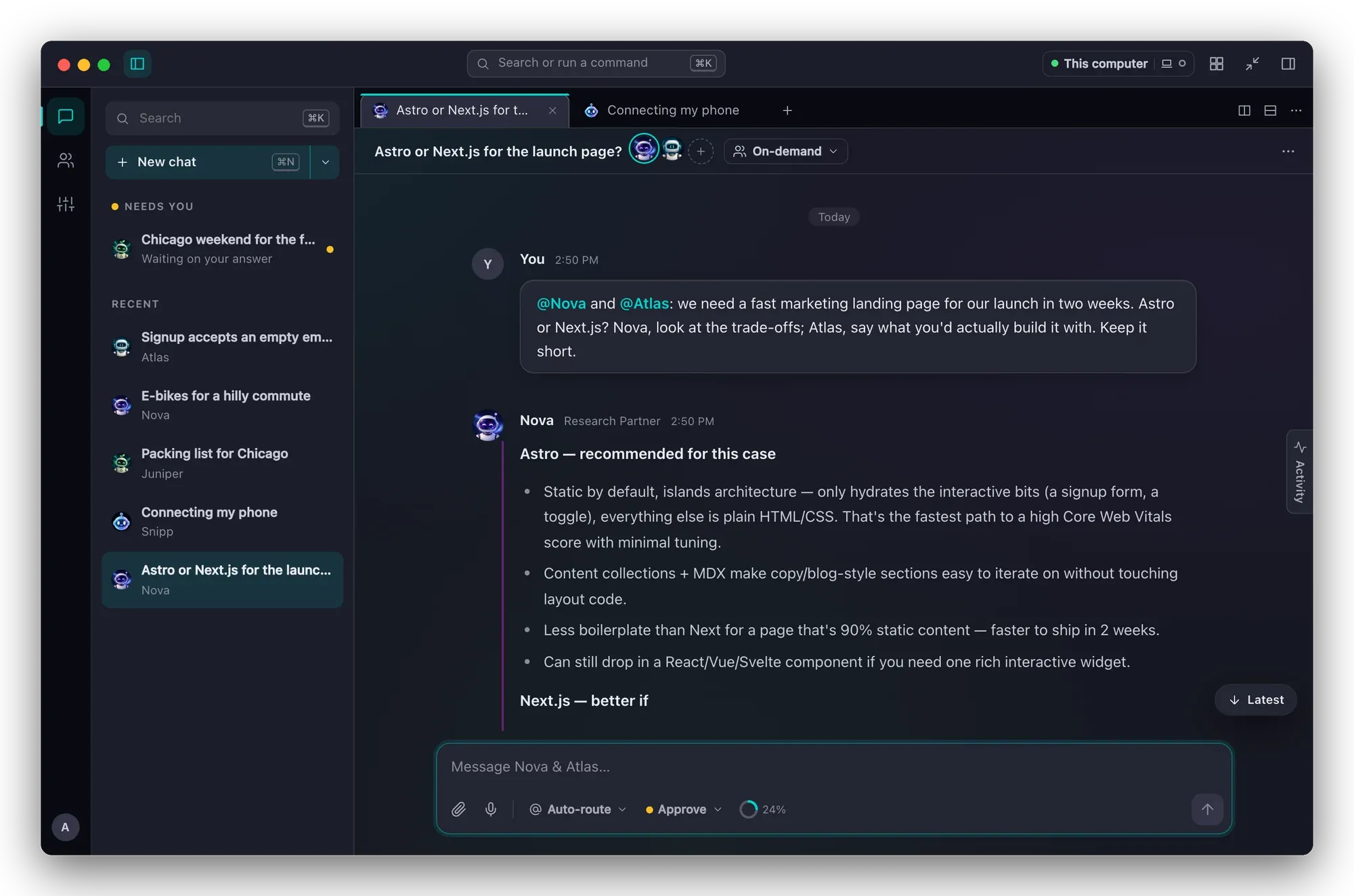 Nova and Atlas in one chat comparing Astro and Next.js for a launch page