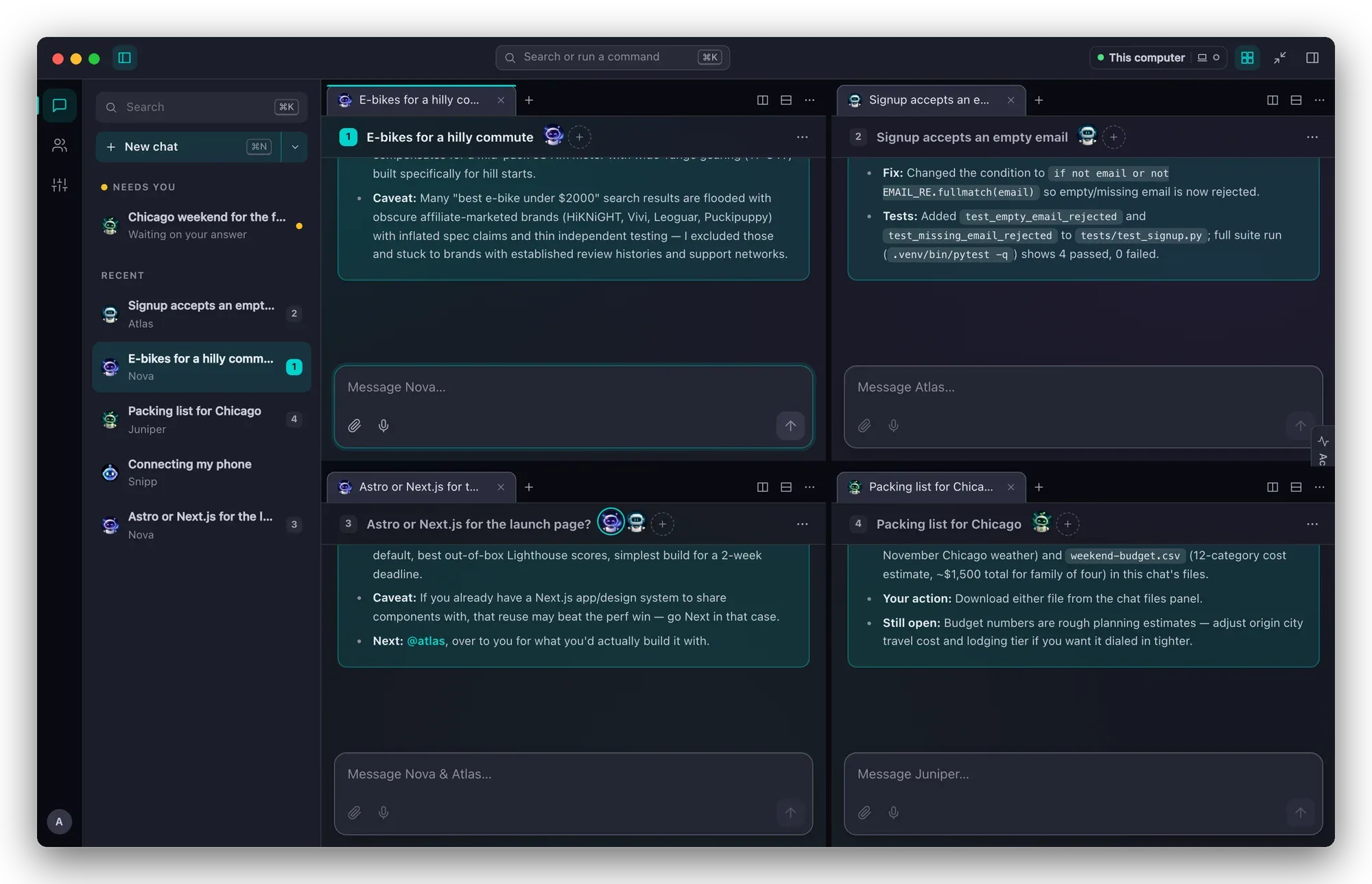 Four chats tiled in a 2 × 2 grid: Nova, Atlas, a two-agent room and Juniper