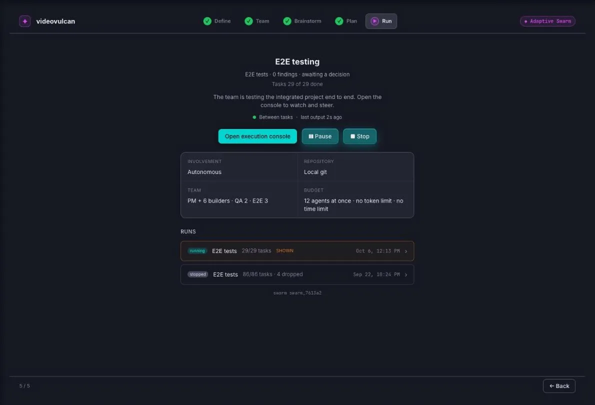 Adaptive Swarm — Run: Sign off the plan and start the build. From here you can open the console, pause or stop, continue a stopped run, restart it clean, or start a new run. Every past run is listed.