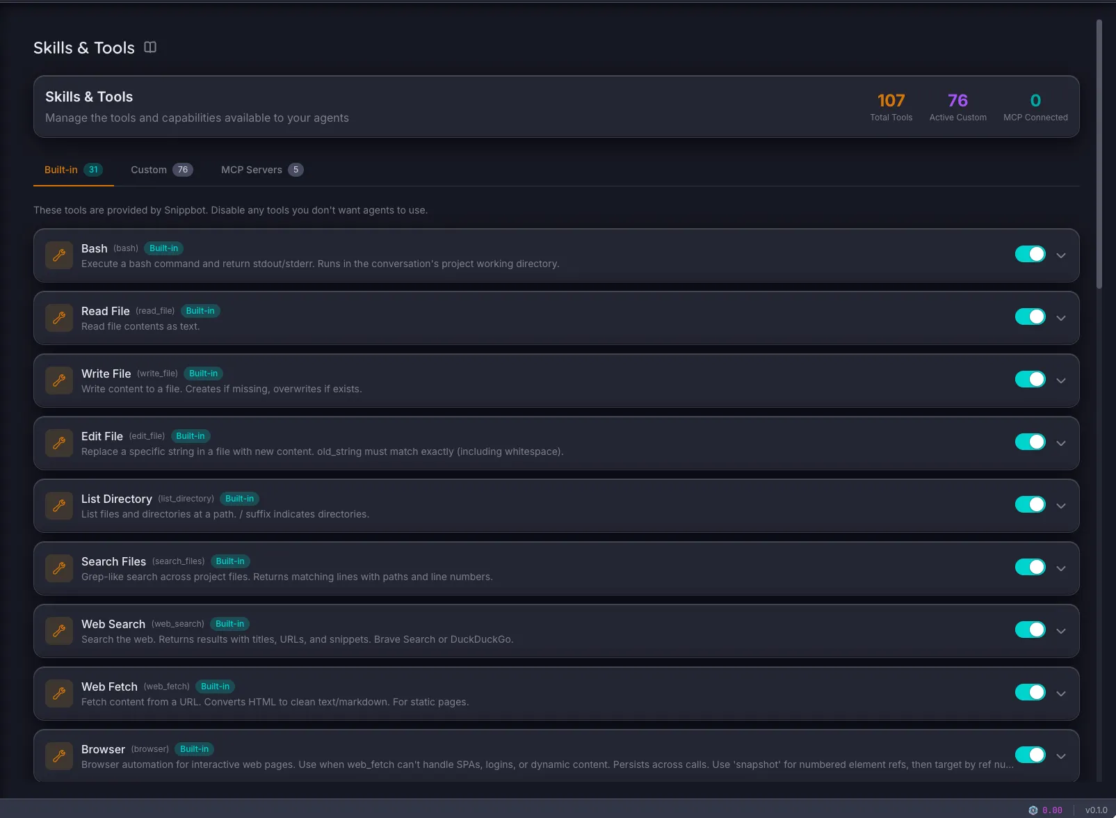 Skills / Tools / MCP Servers — Snippbot UI