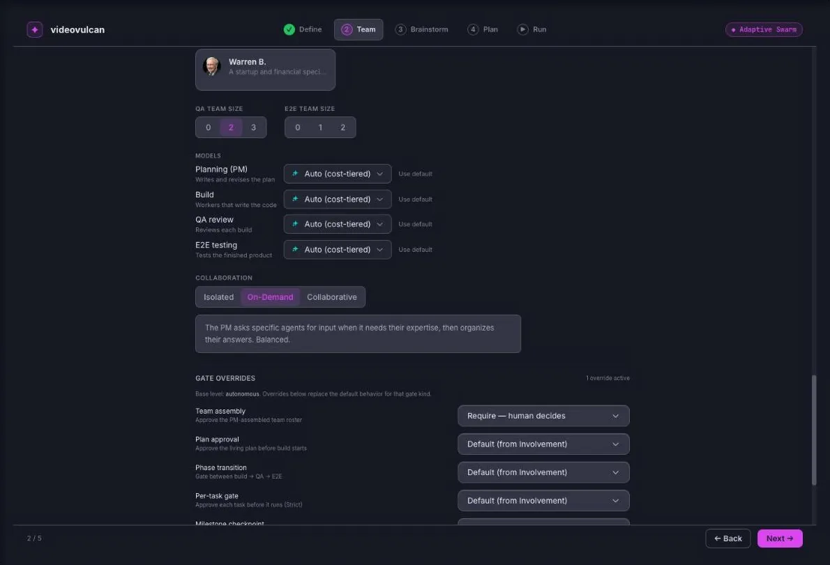 Adaptive Swarm — Team: The PM proposes a lean team, with one owner per workstream. Set the QA and E2E team sizes, a model for each stage, the collaboration mode, and any per-gate overrides.