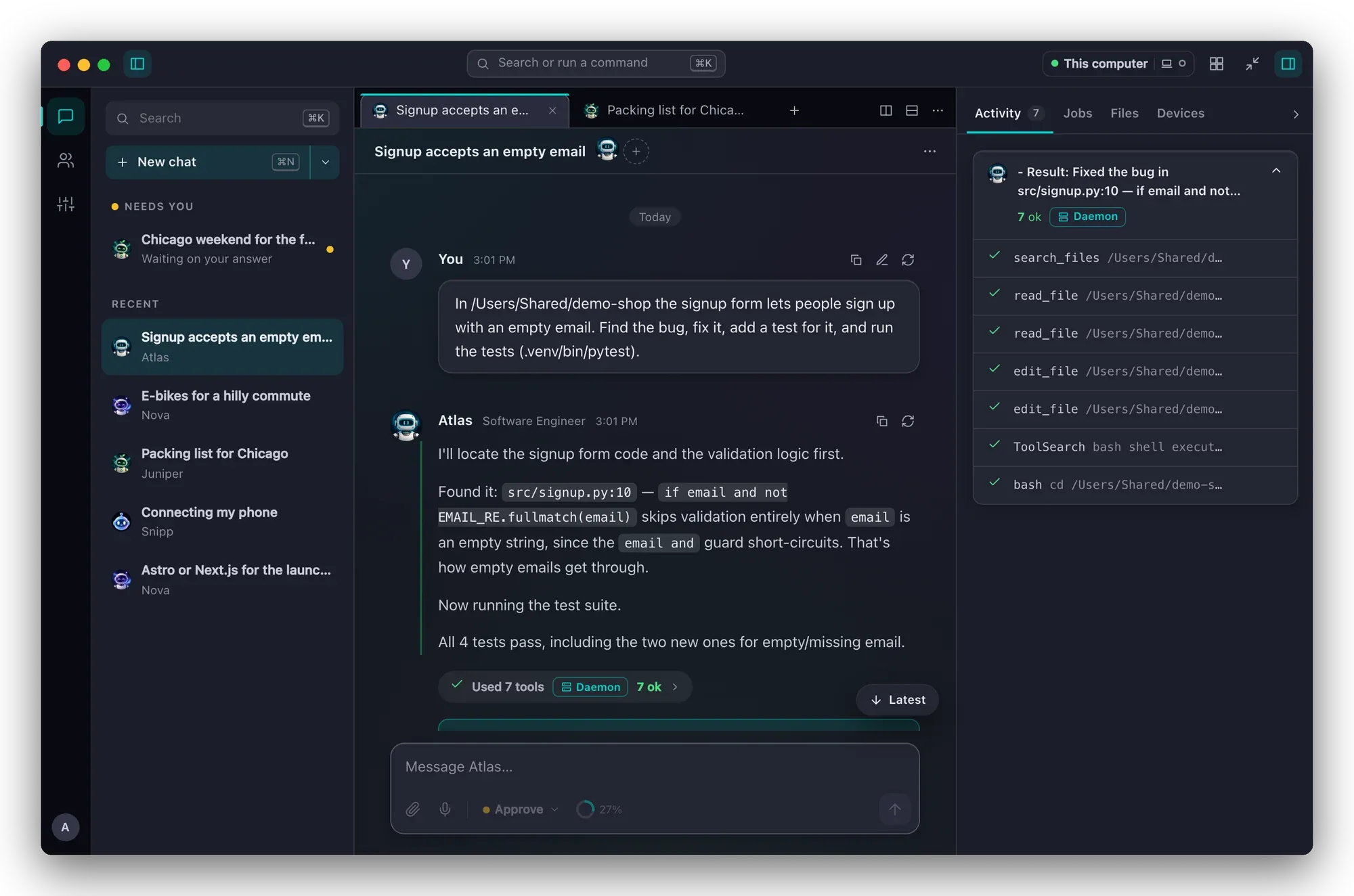 Atlas fixing a bug: seven tool steps succeeded, an At a glance card, and the inspector's Activity tab