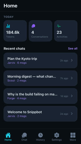 Snippbot Mobile: Home screen