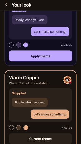 Snippbot Mobile: Warm Copper theme screen