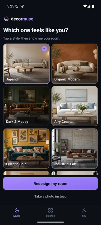 DecorMuse first screen showing interior design style cards and a Redesign my room button