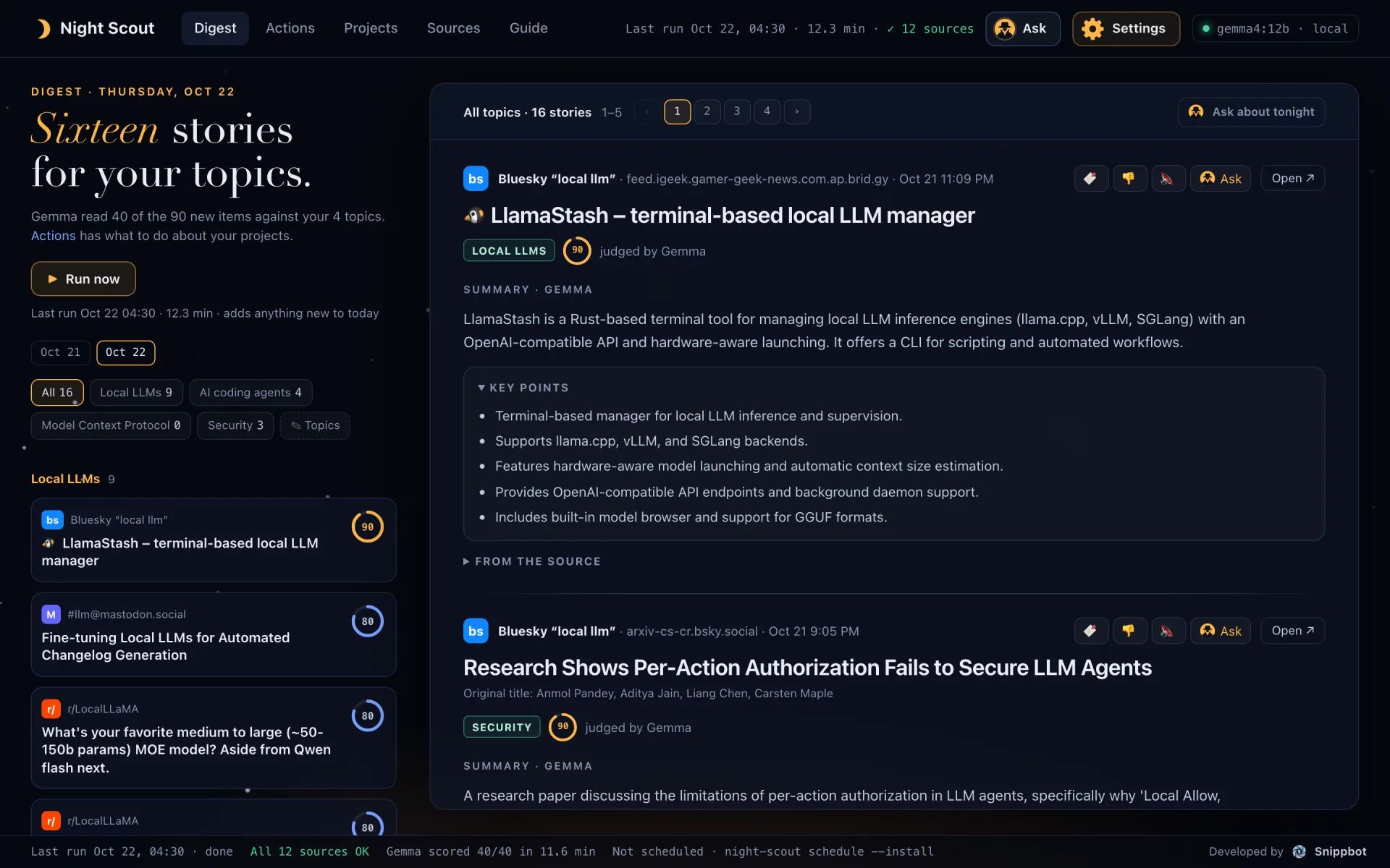 The Night Scout Digest for Oct 22: sixteen stories filed under four topics, with a Gemma summary and key points for each