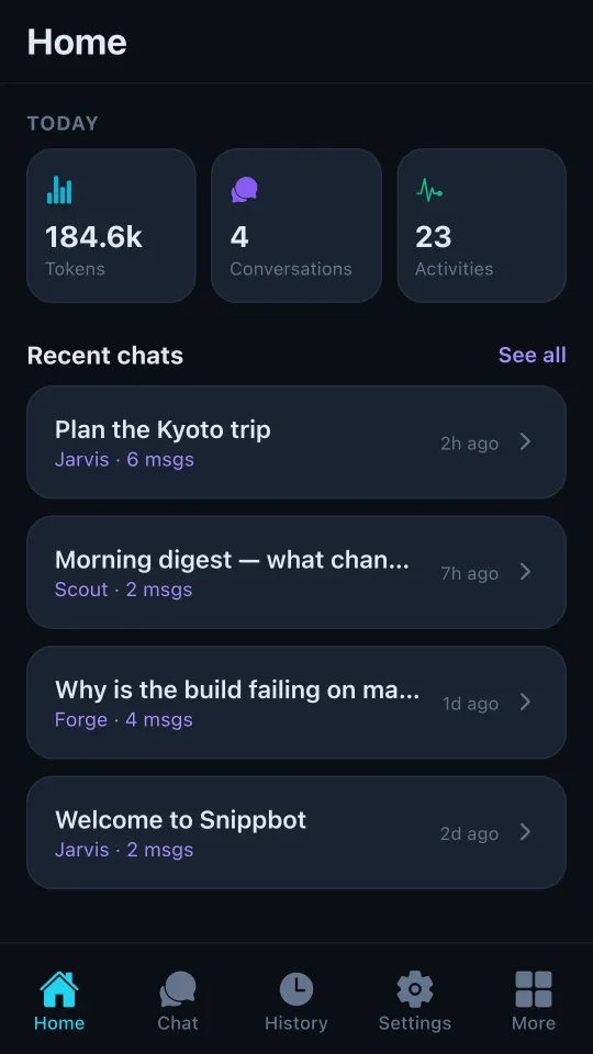 Snippbot Mobile home screen with agents and recent conversations