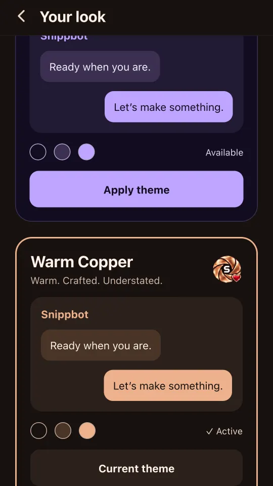 Snippbot Mobile in the Warm Copper theme
