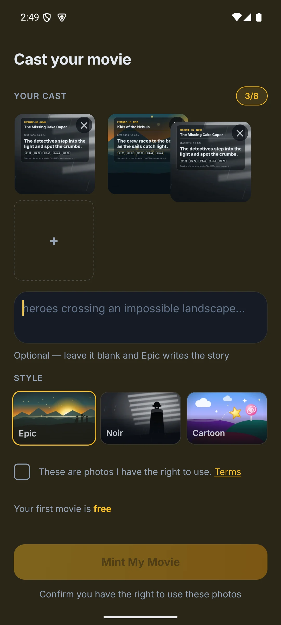 VideoVulcan create screen showing cast slots, one-line prompt, style presets, consent, and Mint button